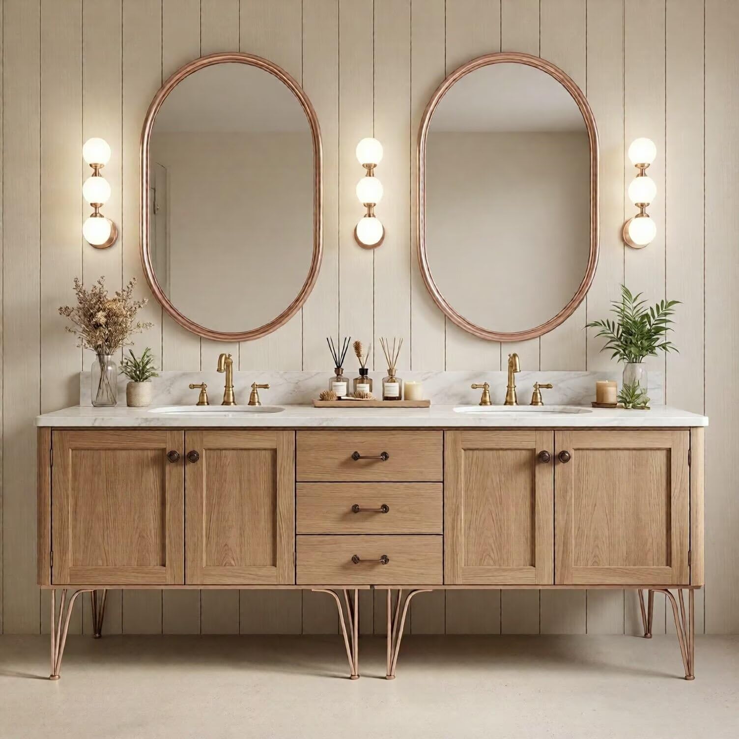 60"-96"Light Oak Double Sink Bathroom Vanity with Marble Top & Rose Gold Legs