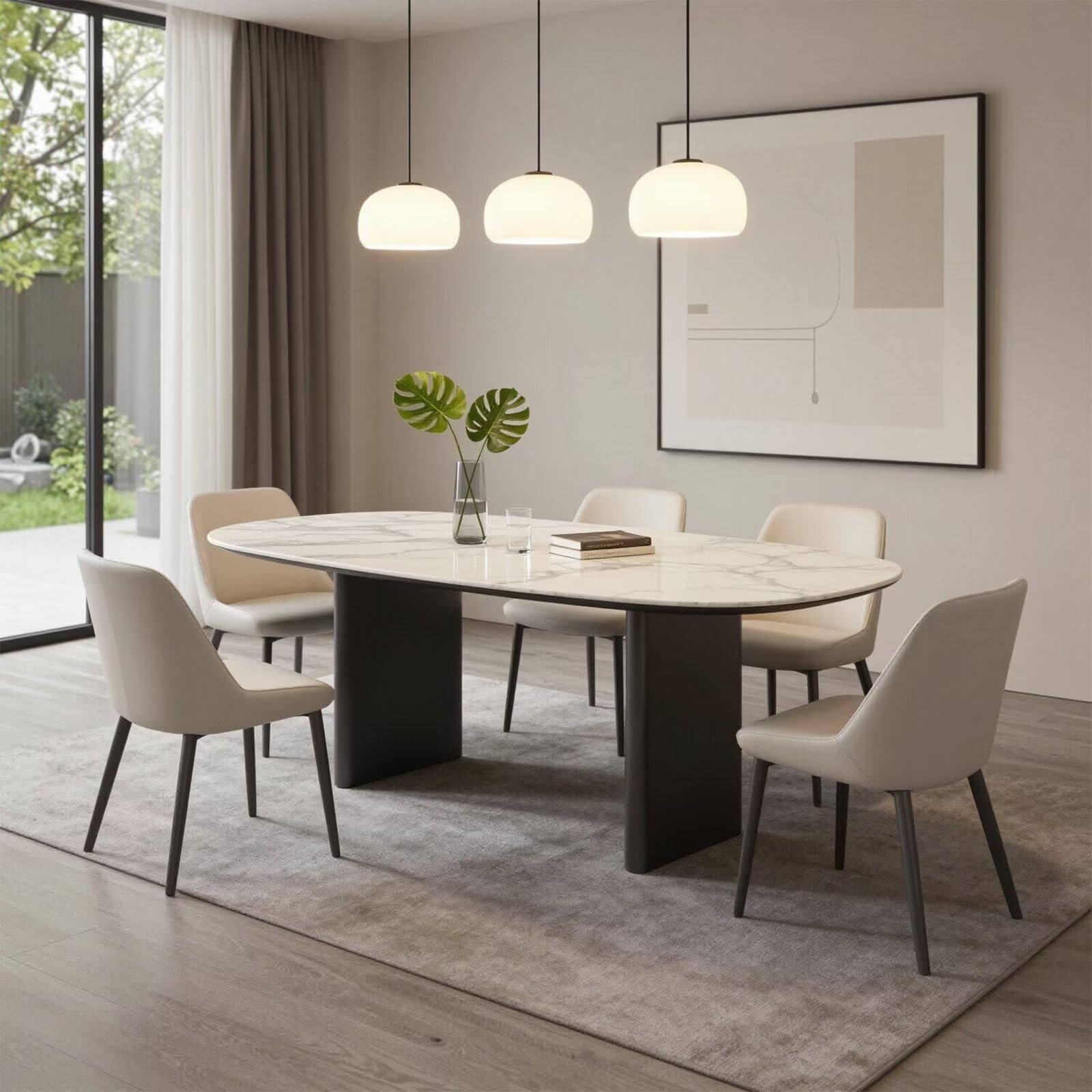 60"-80"Modern Oval Dining Table, White Marble Top with Matte Black Legs for Dining Room
