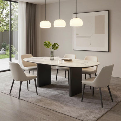 60"-80"Modern Oval Dining Table, White Marble Top with Matte Black Legs for Dining Room