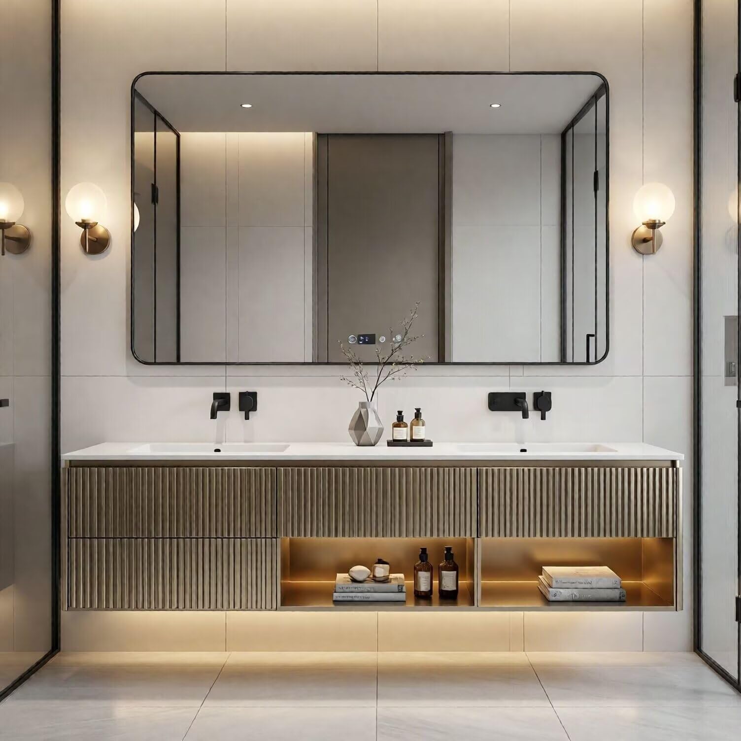 60"-84"Floating Fluted Bathroom Vanity with Double Sinks & LED Mirror