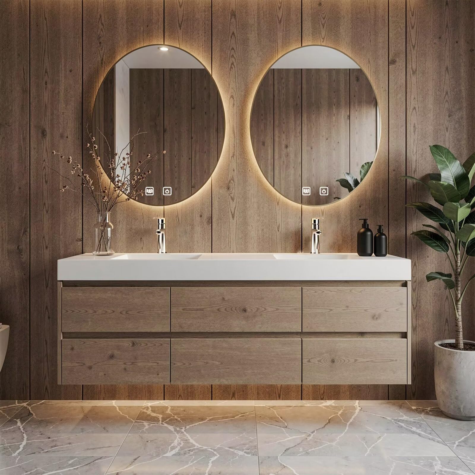 60”-96” Light Oak Floating Bathroom Vanity with Double Sinks & LED Round Mirrors