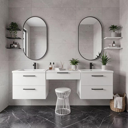 60"-84"Wall Mounted White Bathroom Vanity with Double Sinks & Integrated Makeup Station