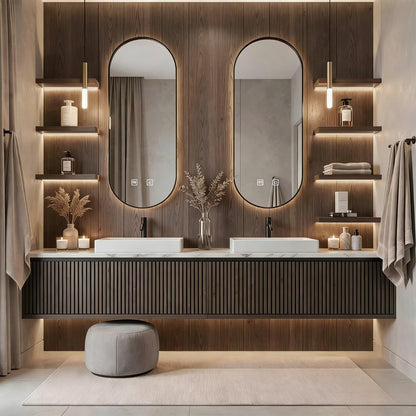 60”-84”Double Sink Floating Bathroom Vanity with LED Oval Mirrors, Dark Fluted Wood Cabinet