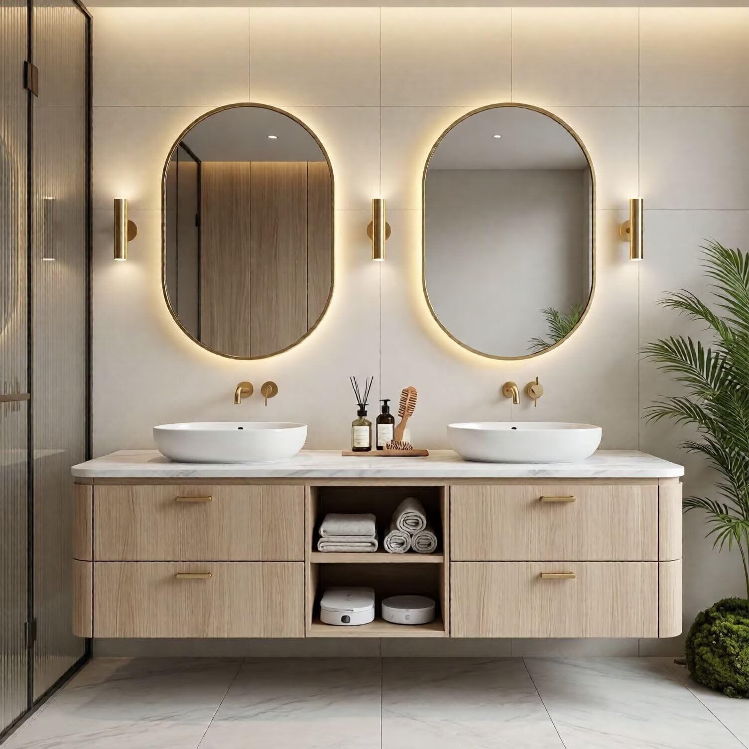 60"-96"Modern Wall-Mounted Vanity with Marble Top & Gold Hardware & Open Shelf