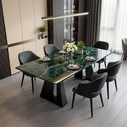 60"-80"Luxury Green Marble Top Dining Table with Black Metal Base