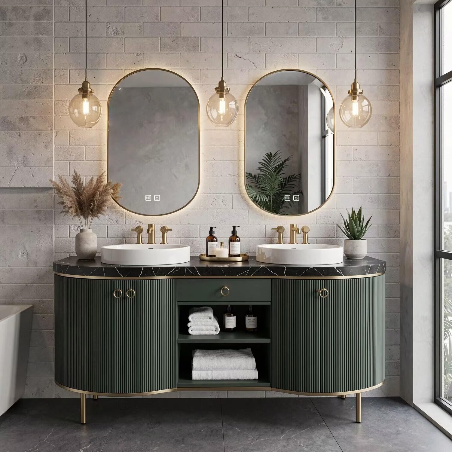 60"-96"Freestanding Green Bathroom Vanity with Double Vessel Sinks & LED Mirrors