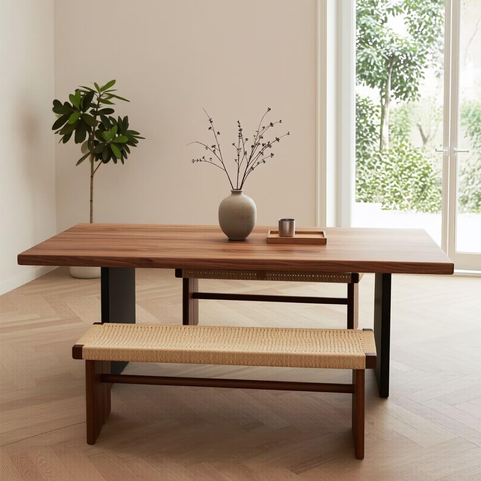60"-80"Rectangular Walnut Dining Table with Black Metal Legs & Woven Bench, Mid-Century Style