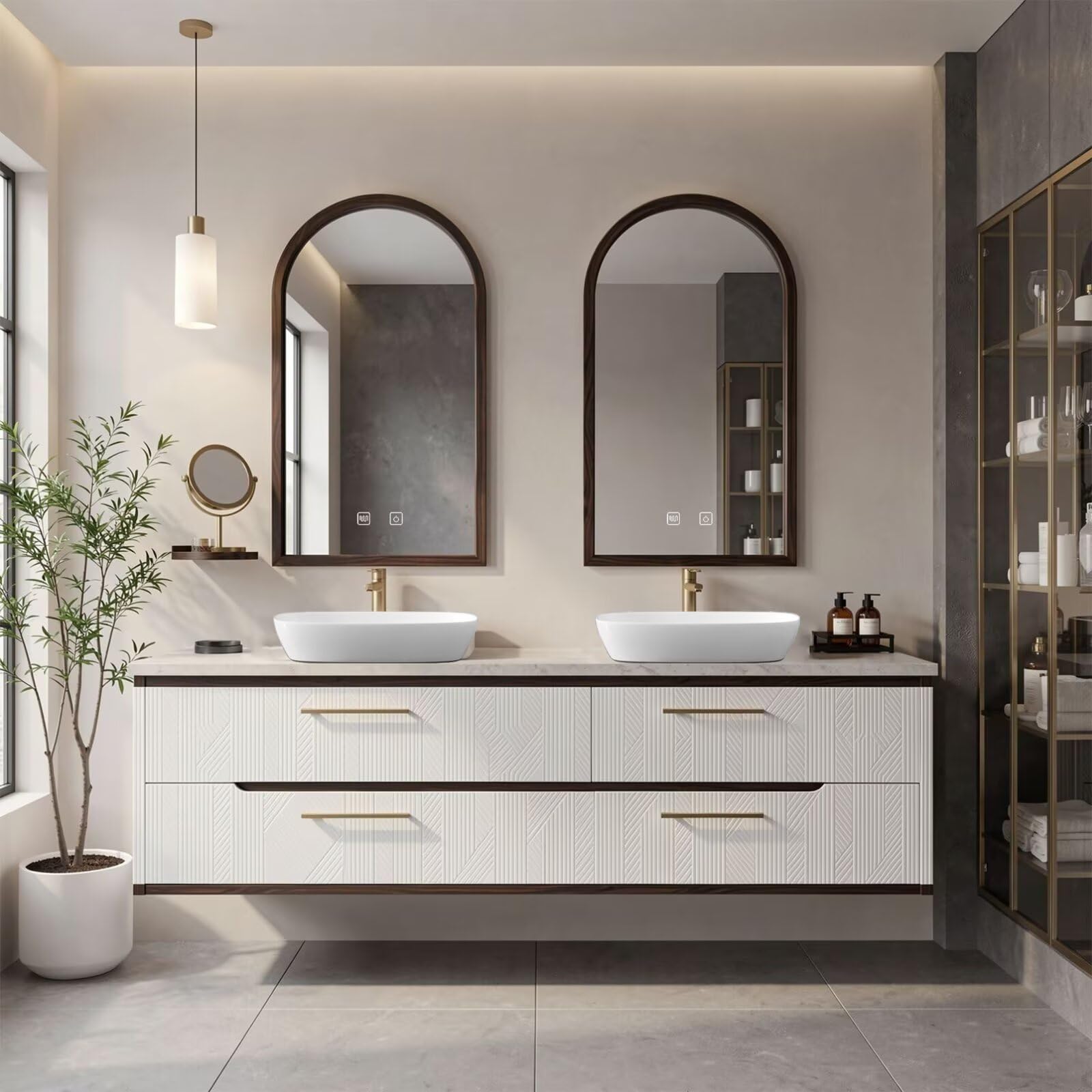 60"-96"White Floating Bathroom Vanity with Double Vessel Sinks & Arched LED Mirrors