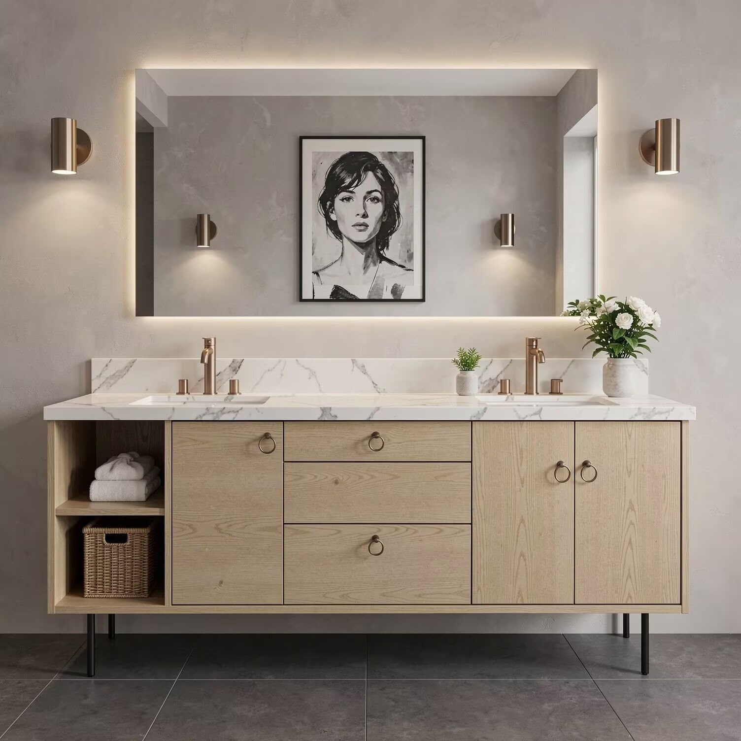 60"-96"Modern Light Oak Floating Bathroom Vanity with Double Sinks & Marble Top