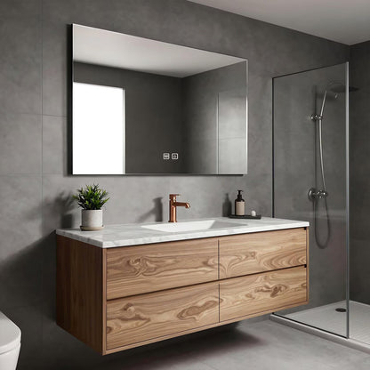 40”-64”Single Sink Floating Bathroom Vanity, Walnut Wood Cabinet with Marble Top & LED Mirror