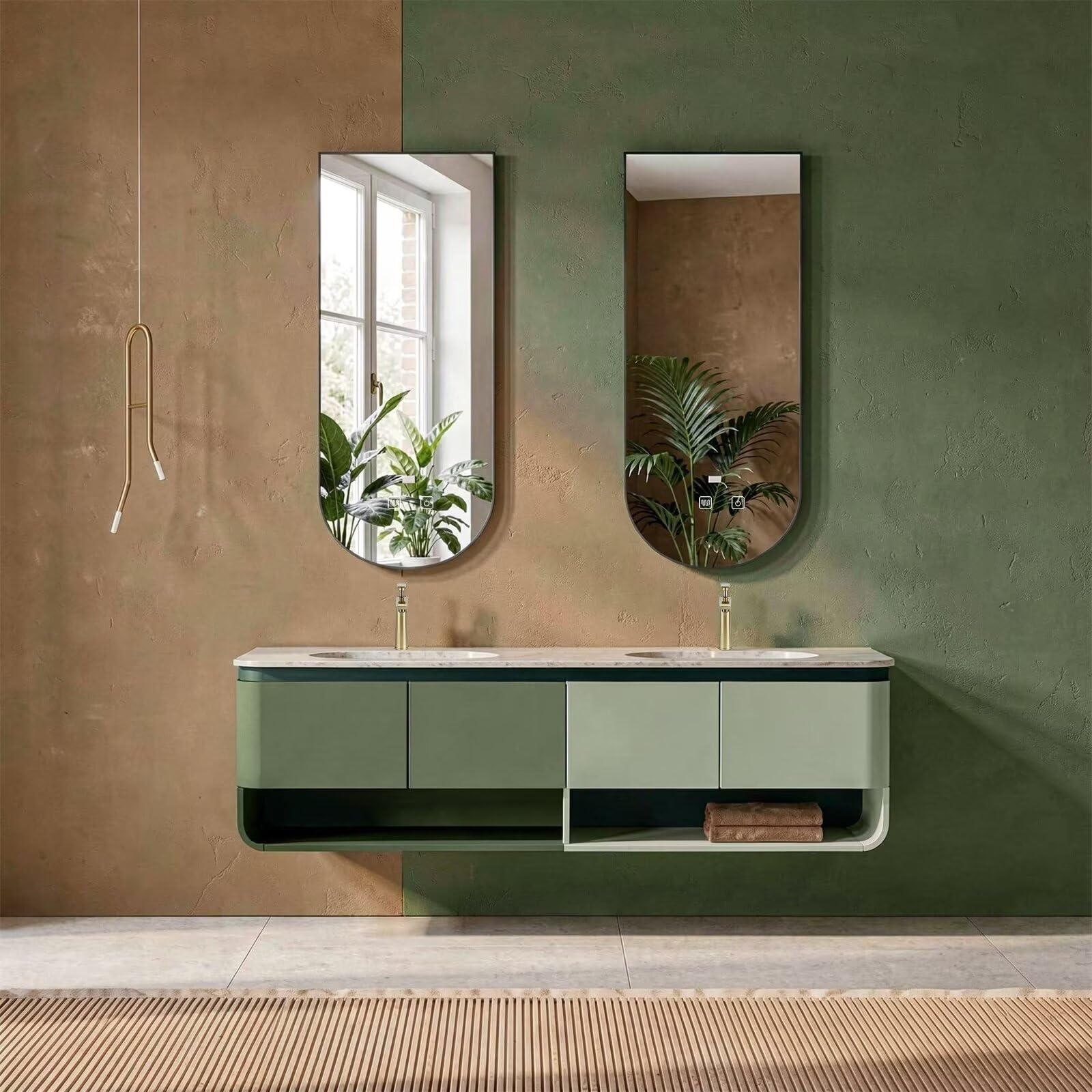 60"-96"Modern Wall-Mounted Vanity with Open Shelves, Marble Countertop & LED Mirrors