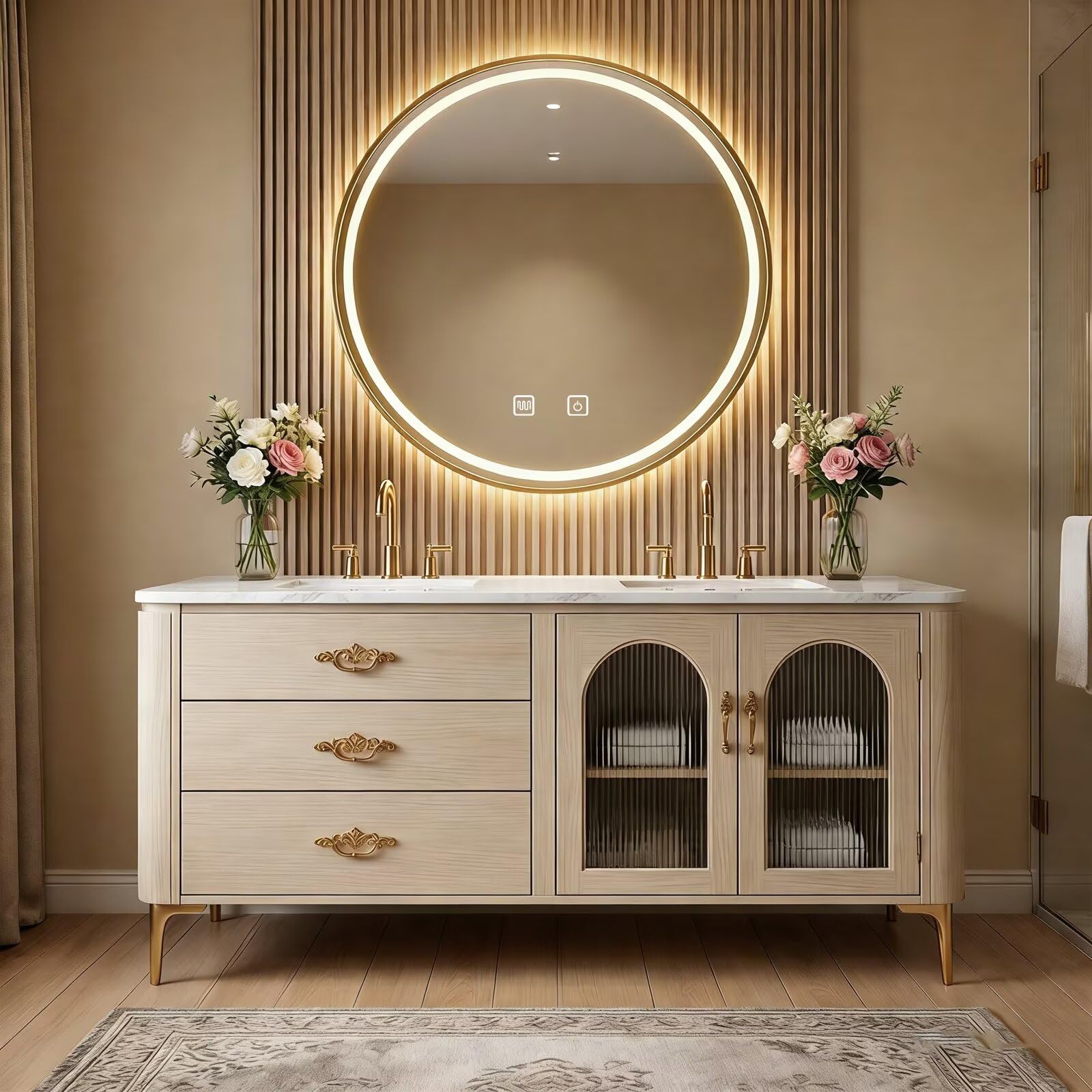 60"-84"Vintage Oak Bathroom Vanity Set with Gold Hardware & Marble Top