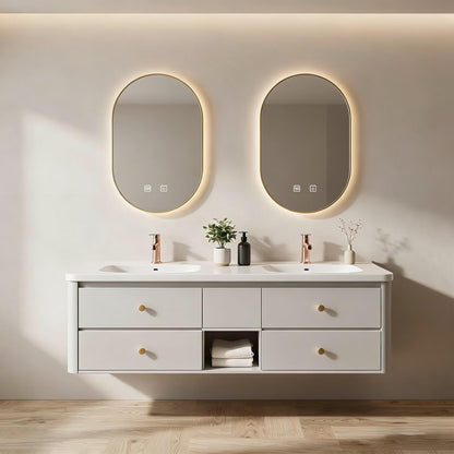 60”-84”Floating Vanity, Modern White Wall Mounted Bathroom Cabinet with Gold Trim Mirror
