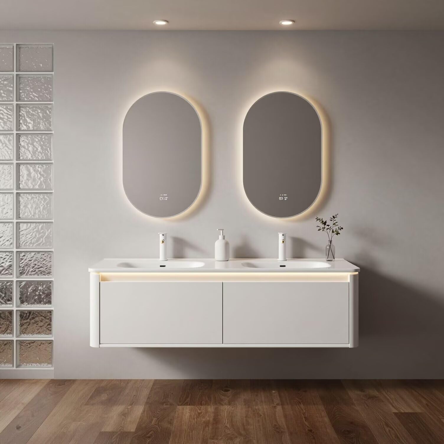 60"-84"Wall Mounted White Bathroom Vanity with Double Sinks & Soft-Close Cabinet Storage