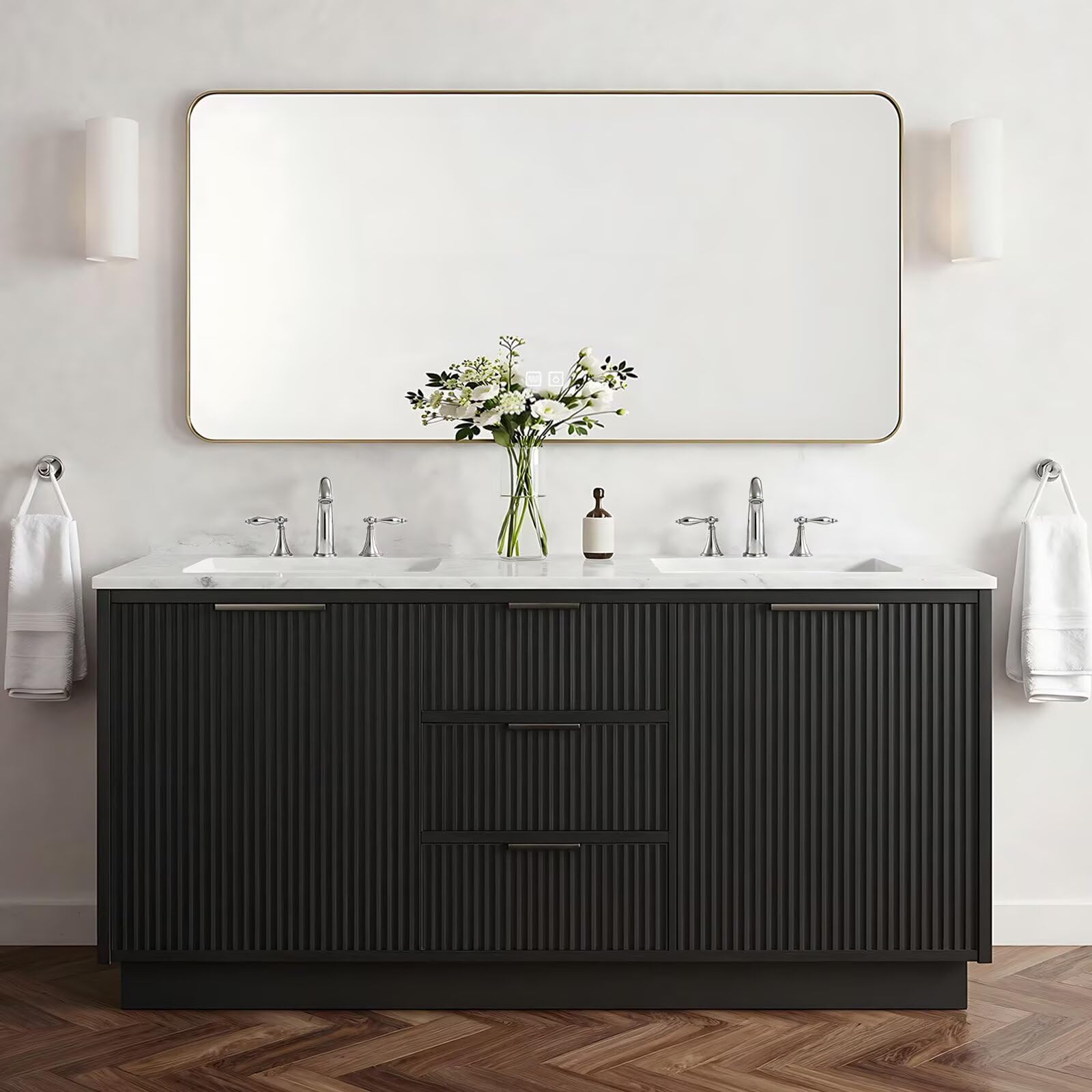 60”-84” Double Sink Bathroom Vanity with LED Mirror, Freestanding Fluted Cabinet with Marble Top, Black