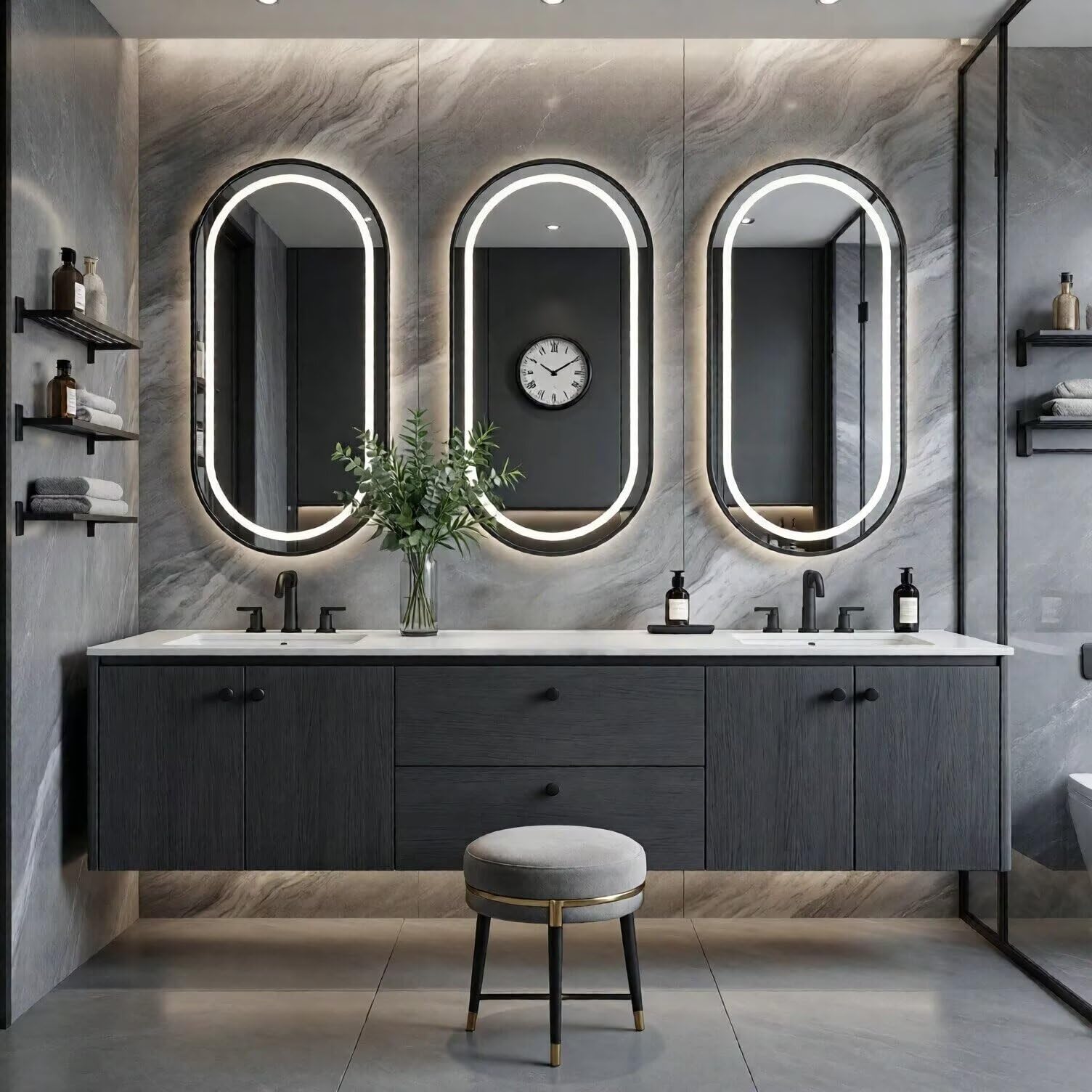 60"-96"Dark Wood Floating Bathroom Vanity with Double Sinks & LED Oval Mirrors