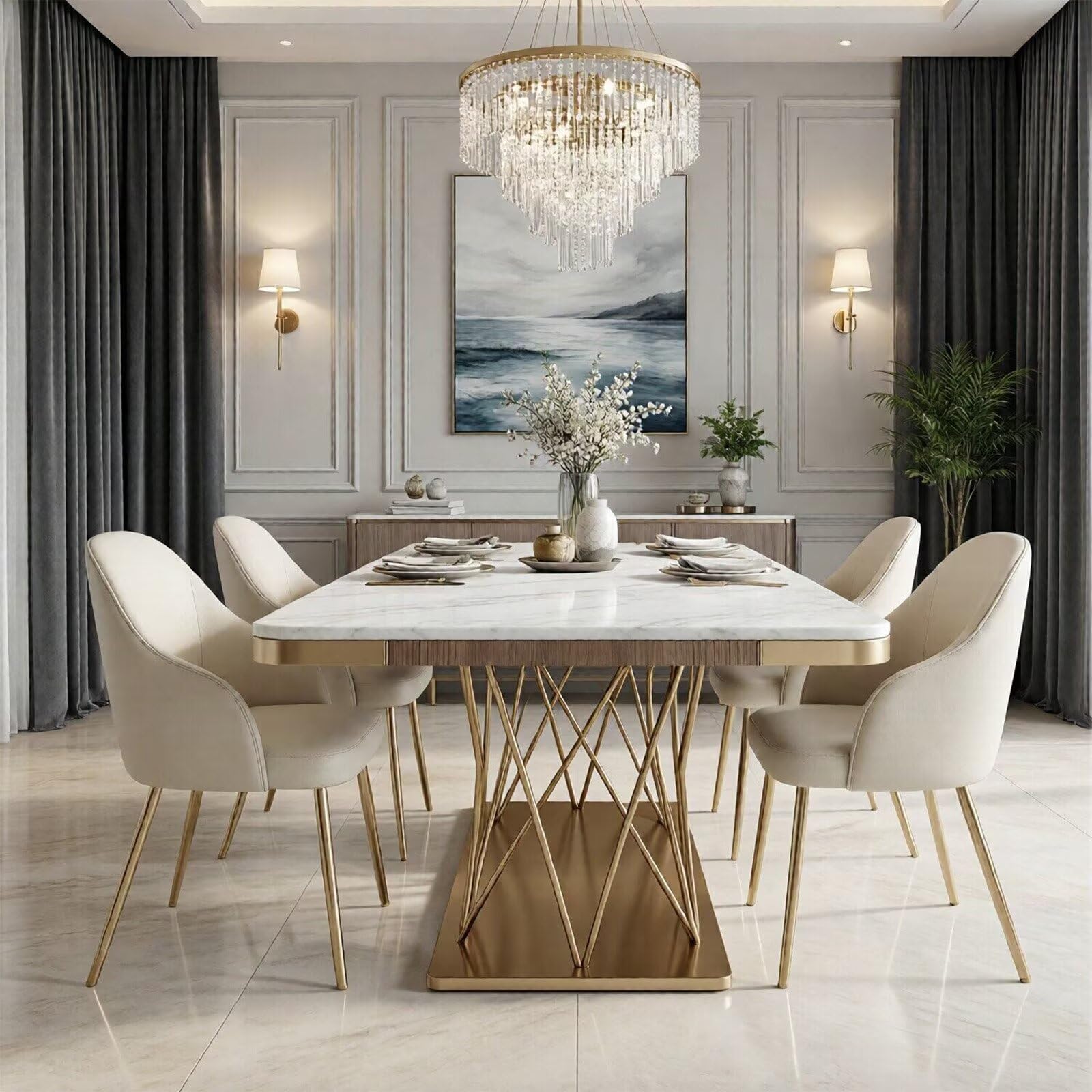 60"-80"Luxury Rectangular Dining Table, White Marble Top with Sleek Gold Metal Legs