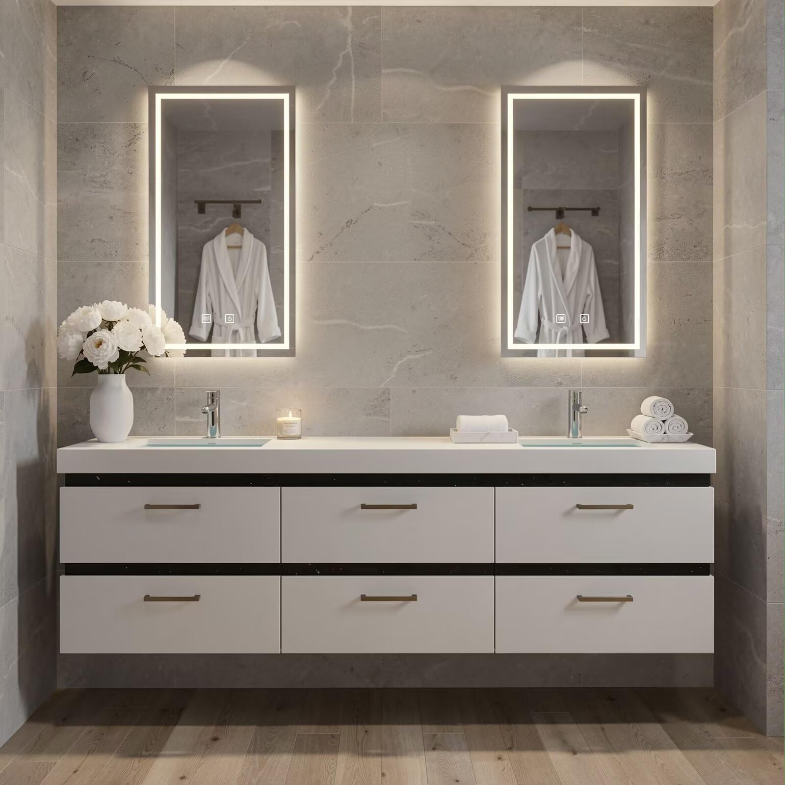 60”-84”Double Sink Floating Bathroom Vanity with LED Rectangular Mirrors, White Modern Cabinet