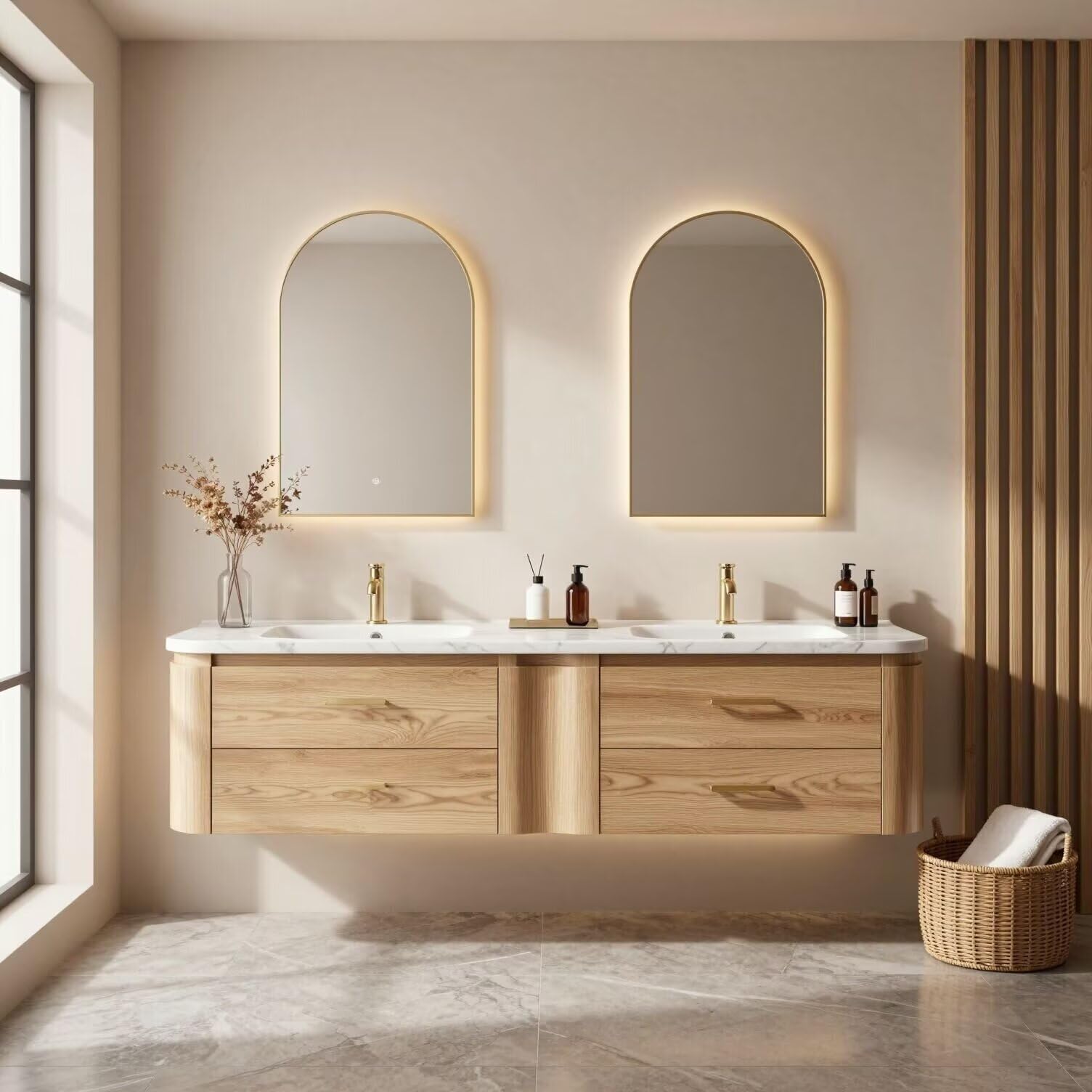 60"-84"Wall Mounted Oak Bathroom Vanity with Double Sinks & 4 Drawer Storage