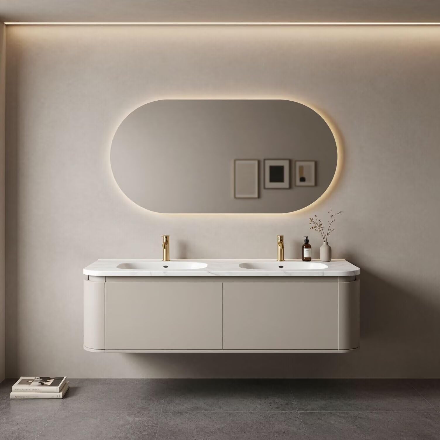 60"-84"Modern Floating Bathroom Vanity Set with Marble Top & LED Backlit Mirror