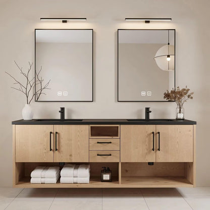60"-96"Light Oak Bathroom Vanity with Black Countertop, Double Sinks & LED Mirrors