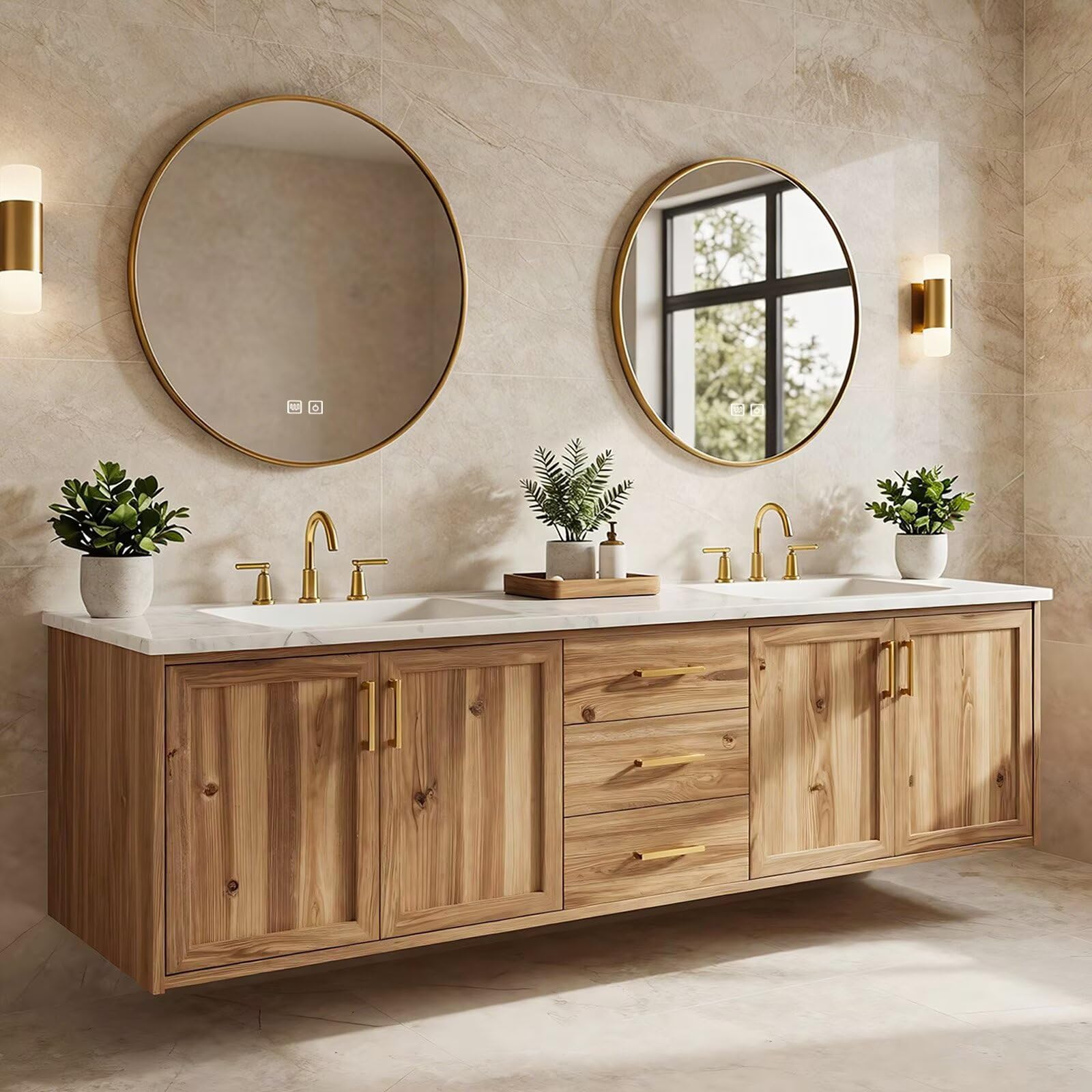 60”-84” Floating Double Bathroom Vanity with White Marble Top, Acacia Wood Wall-Mounted Vanity with Gold Hardware & 2 Round Mirrors