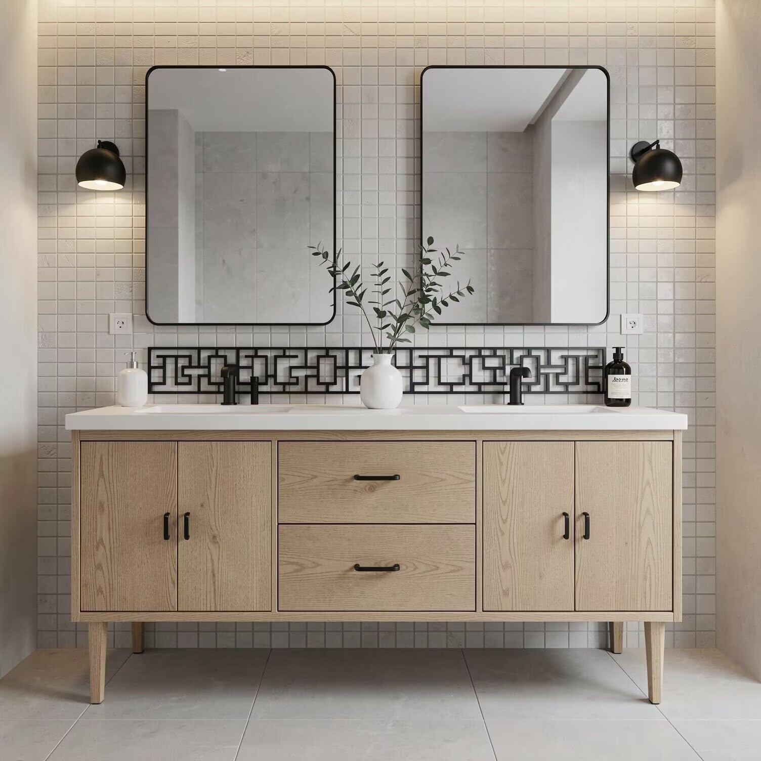 60“-96”Light Oak Freestanding Bathroom Vanity Set with Black Hardware