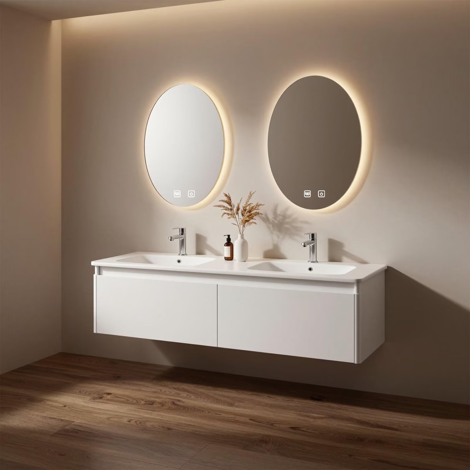 60”-96”Modern Wall Mounted Bathroom Vanity with Matte White Finish & Dual LED Mirrors