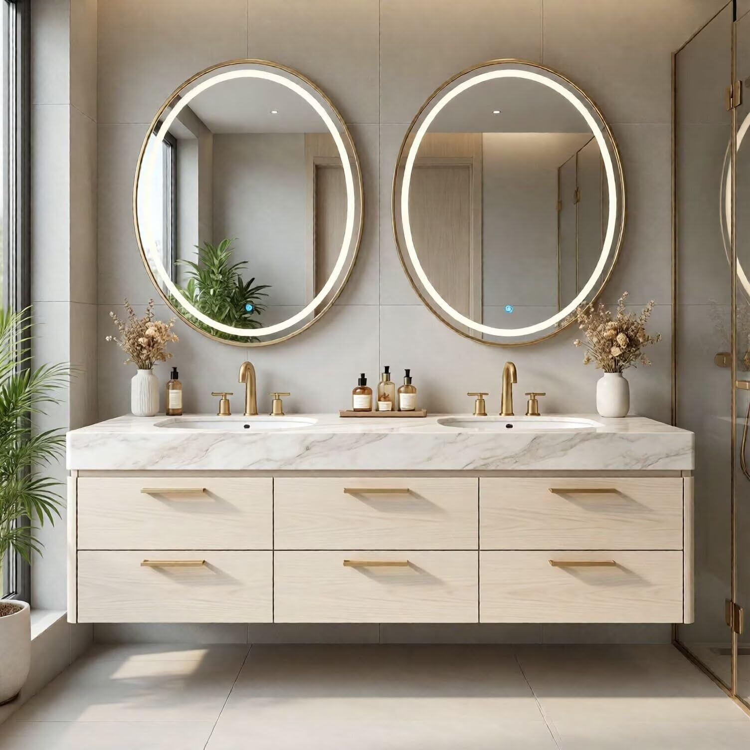 60"-84"Luxury Wall-Mounted Double Sink Vanity with LED Oval Mirrors & Gold Handles