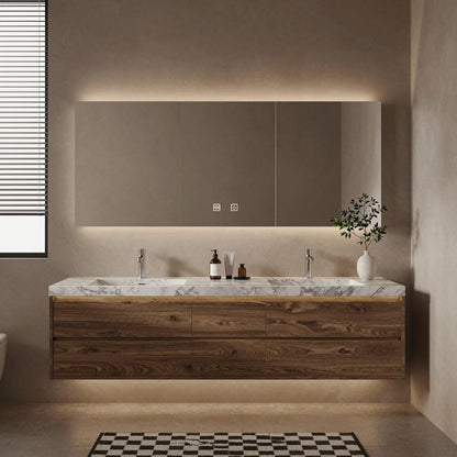 60"-84"Floating Walnut Bathroom Vanity with Marble Top & LED Medicine Cabinet,
