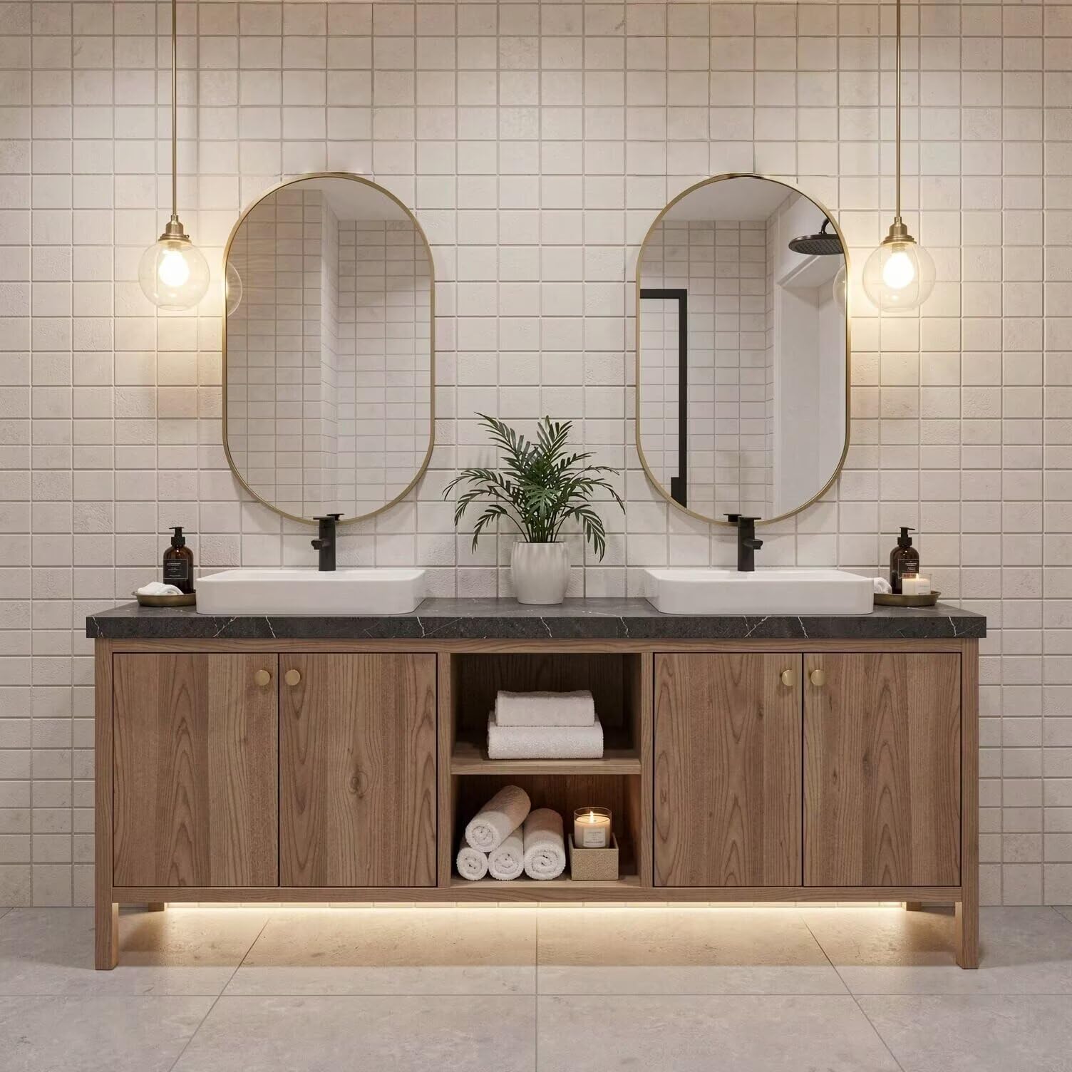 60"-96"Rustic Oak Bathroom Vanity Set with Marble Top & Gold Mirrors