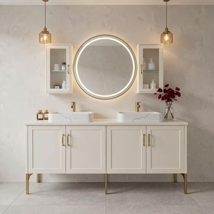 60"-96"White Freestanding Bathroom Vanity with Double Sinks & LED Round Mirror