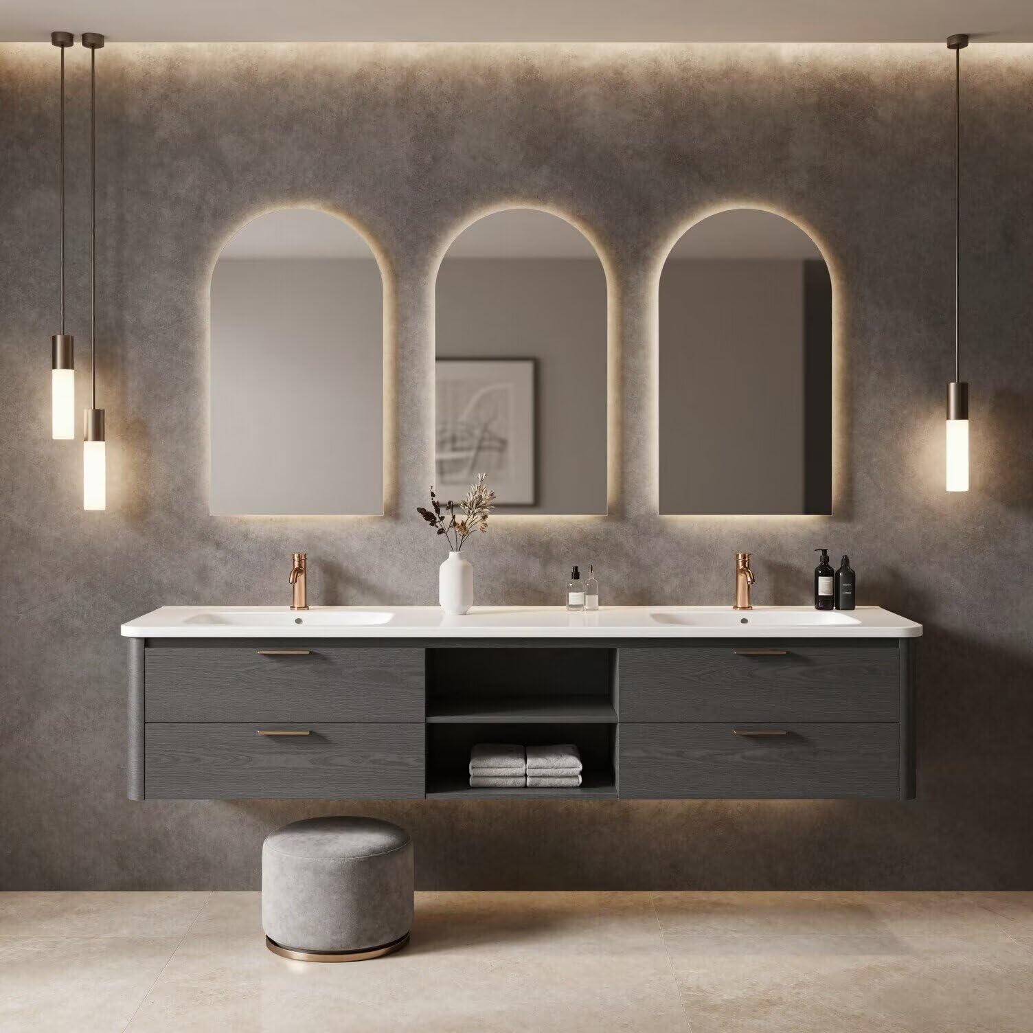 60"-96"Gray Floating Bathroom Vanity with Double Sinks & LED Arched Mirrors