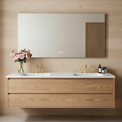60”-84” Floating Double Sink Bathroom Vanity with LED Defog Mirror, Wall Mounted Oak Wood Vanity with Storage Drawers