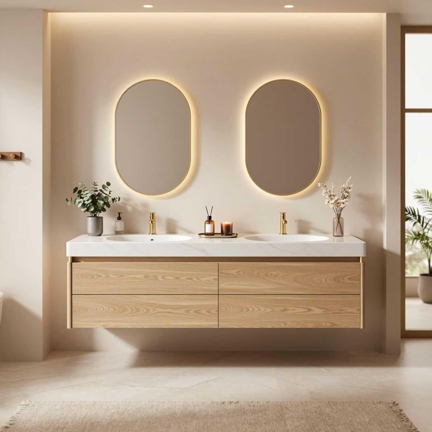 60"-84"Light Oak Floating Bathroom Vanity with Double Sinks & LED Oval Mirrors