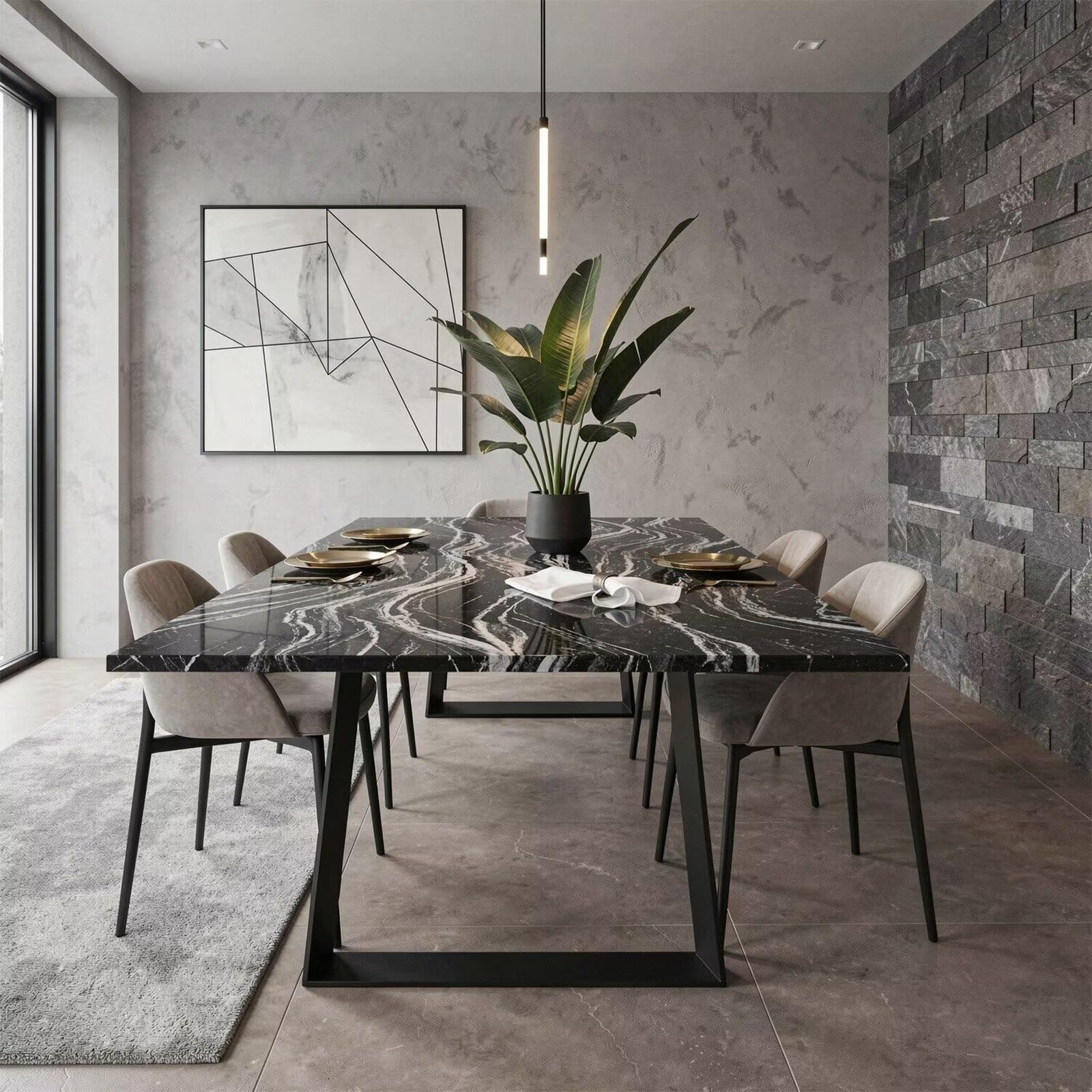 60"-80"Black Marble Dining Table with Black Metal Base, Modern Rectangular Kitchen Table