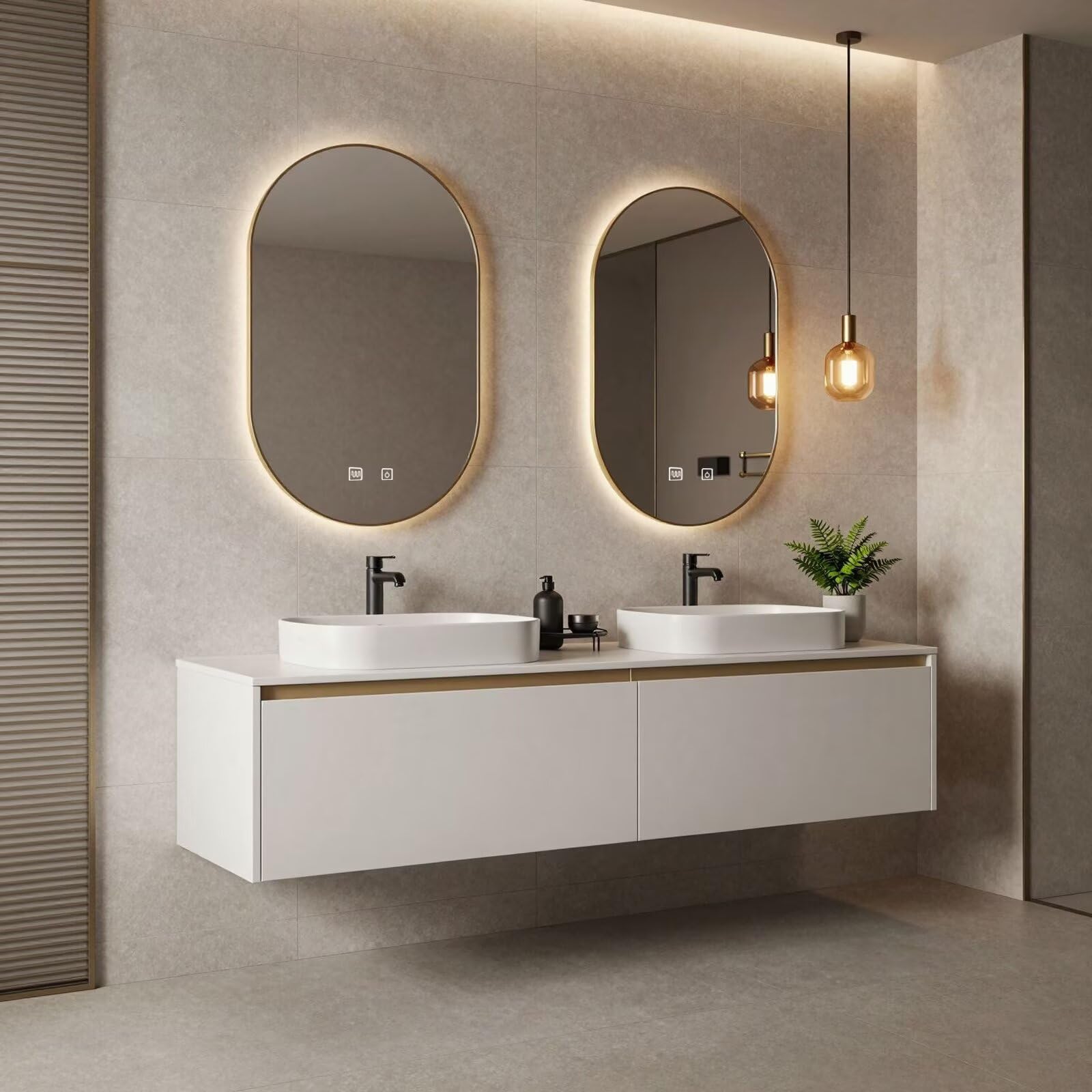 60”-78”Double Vanity, White Floating Cabinet with Gold Trim Oval LED Mirrors