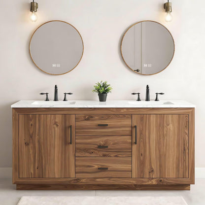 60”-84”Double Sink Freestanding Bathroom Vanity with 2 Round LED Mirrors, Walnut Wood Vanity with Marble Top & Black Hardware