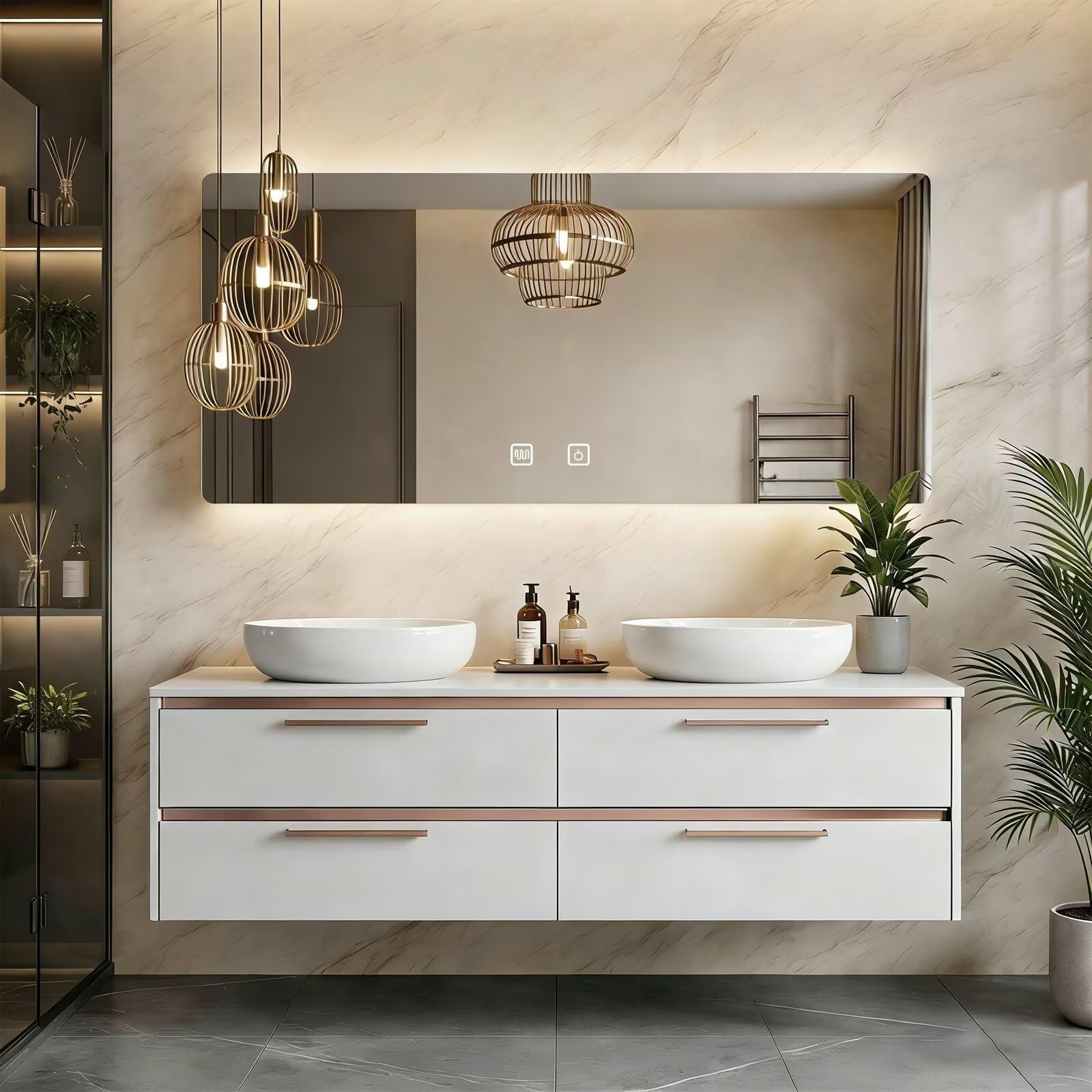 60"-84"Floating White Bathroom Vanity with Double Vessel Sinks & LED Mirror