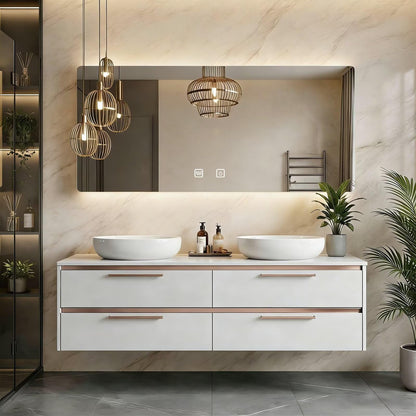 60"-84"Floating White Bathroom Vanity with Double Vessel Sinks & LED Mirror