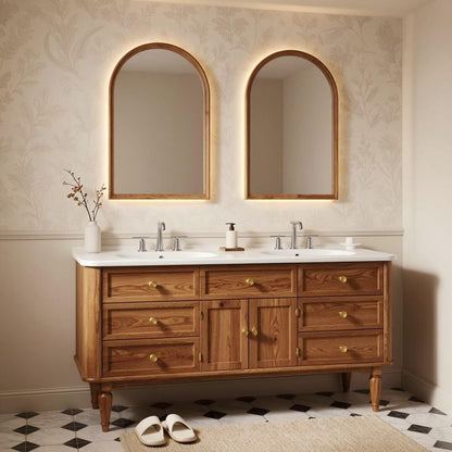 60"-96"Vintage Style Double Sink Bathroom Vanity with Gold Knobs & Storage Cabinet