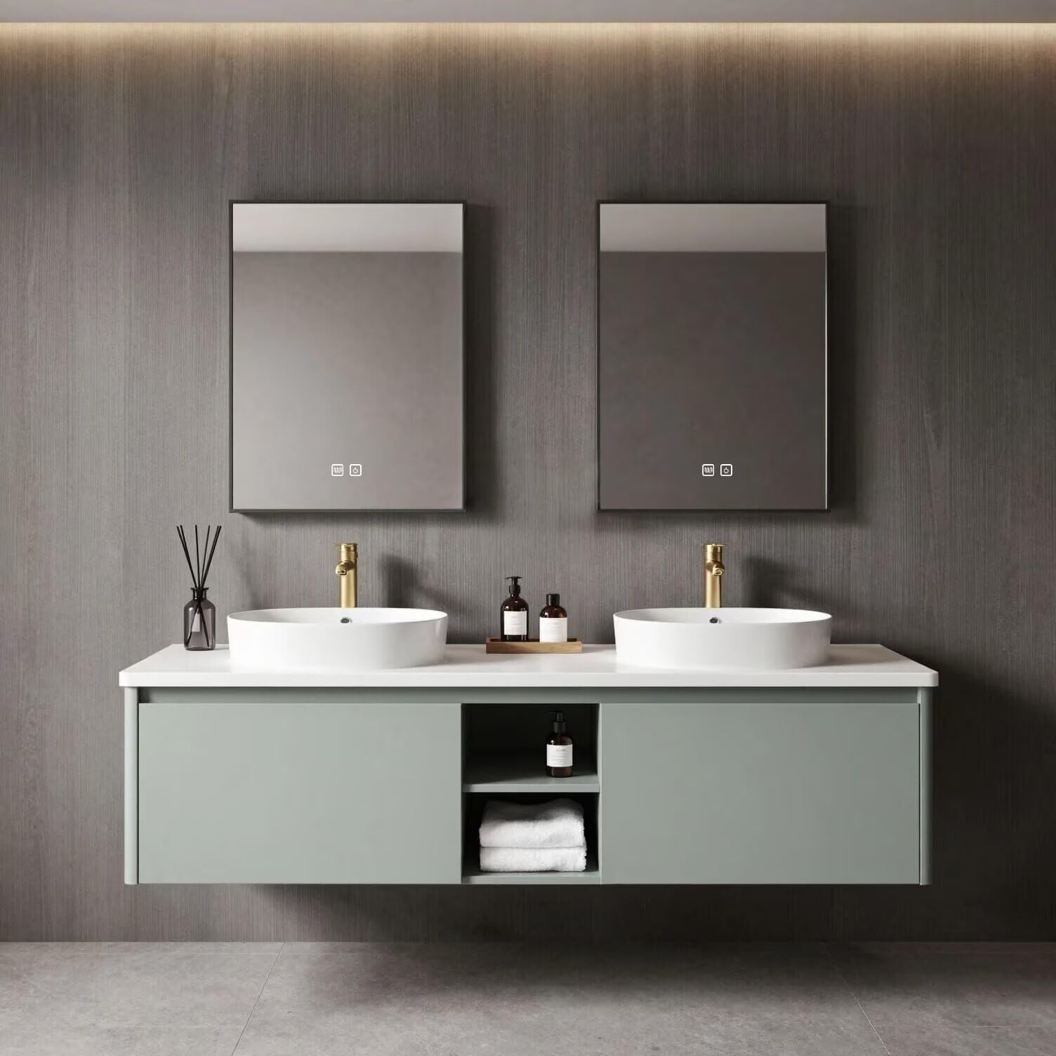 60”-84”Double Sink Floating Bathroom Vanity with LED Mirrors, Light Gray Cabinet & White Stone Top