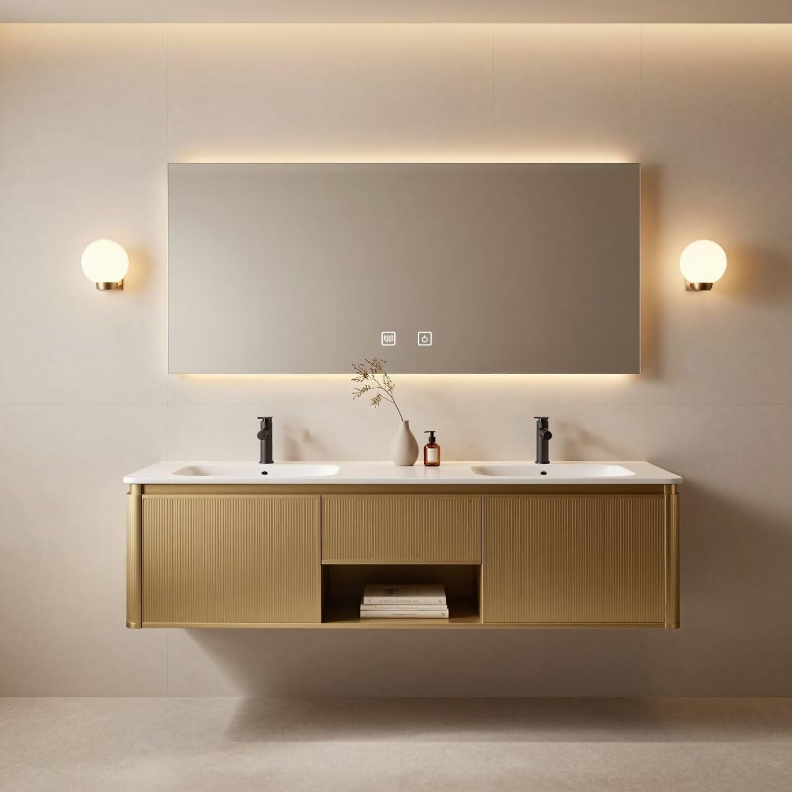 60"-84"Modern Gold Floating Bathroom Vanity Set with Fluted Doors & White Top