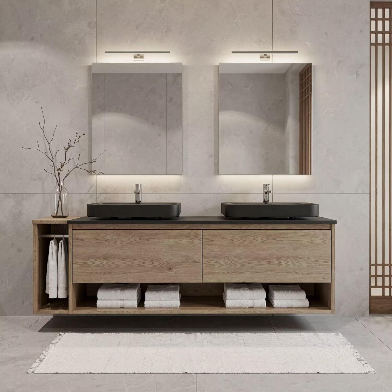 60"-96"Modern Oak Floating Bathroom Vanity with Double Black Vessel Sinks & Open Shelves