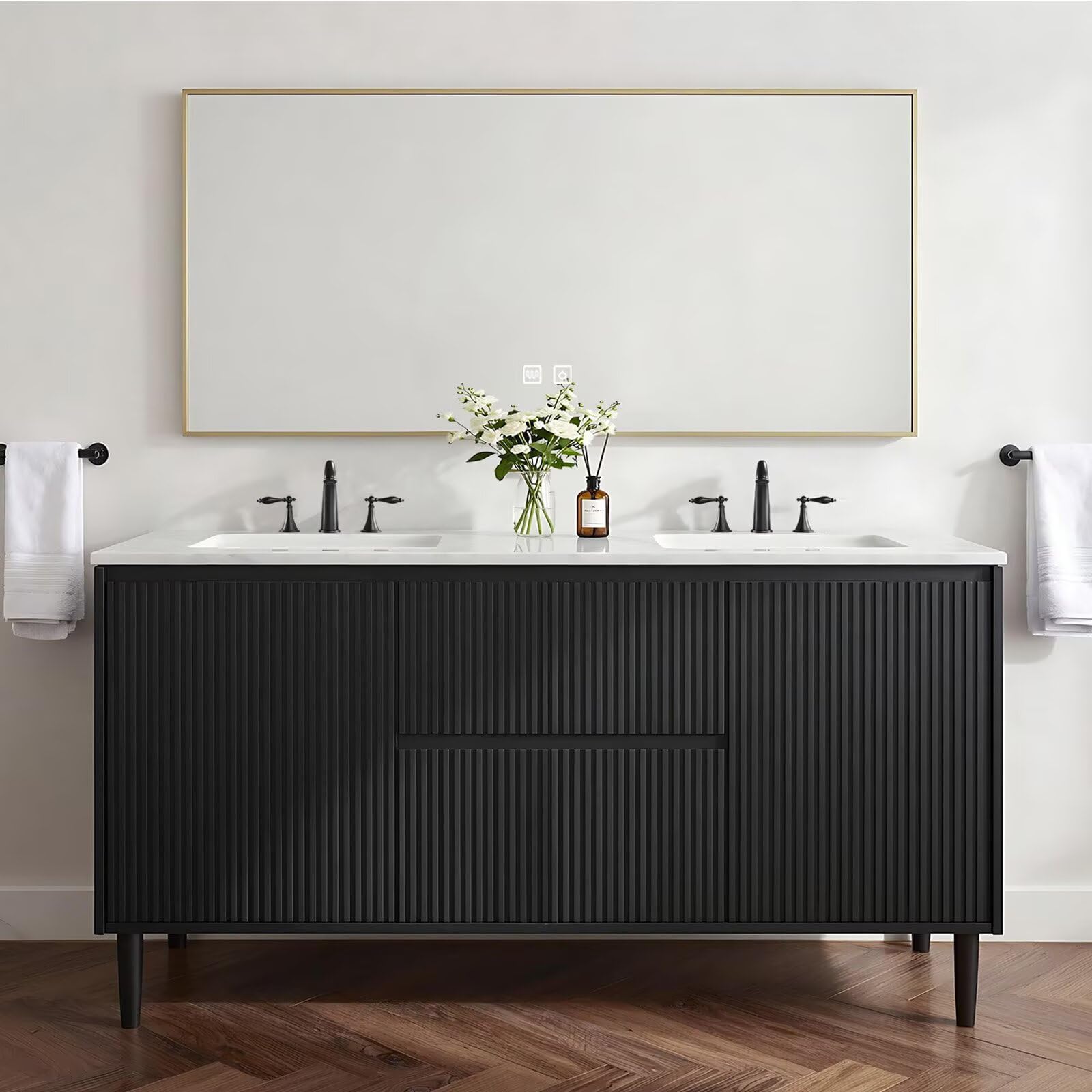 60”-84”Double Sink Freestanding Bathroom Vanity, Black Fluted Panel Vanity with White Marble Top & Gold Trim Mirror