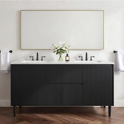 60”-84”Double Sink Freestanding Bathroom Vanity, Black Fluted Panel Vanity with White Marble Top & Gold Trim Mirror