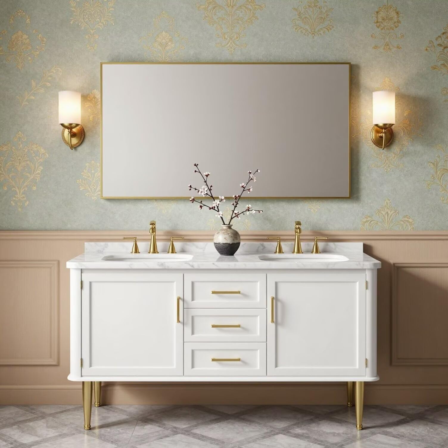 60"-96"Luxury Freestanding Vanity, White Cabinet with Gold Handles & Marble Countertop