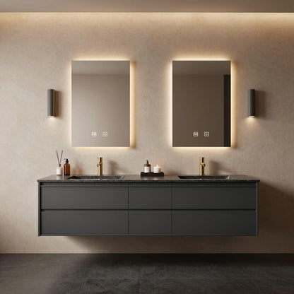 60”-84” Double Floating Vanity, Matte Black Cabinet with Gold Trim LED Mirrors