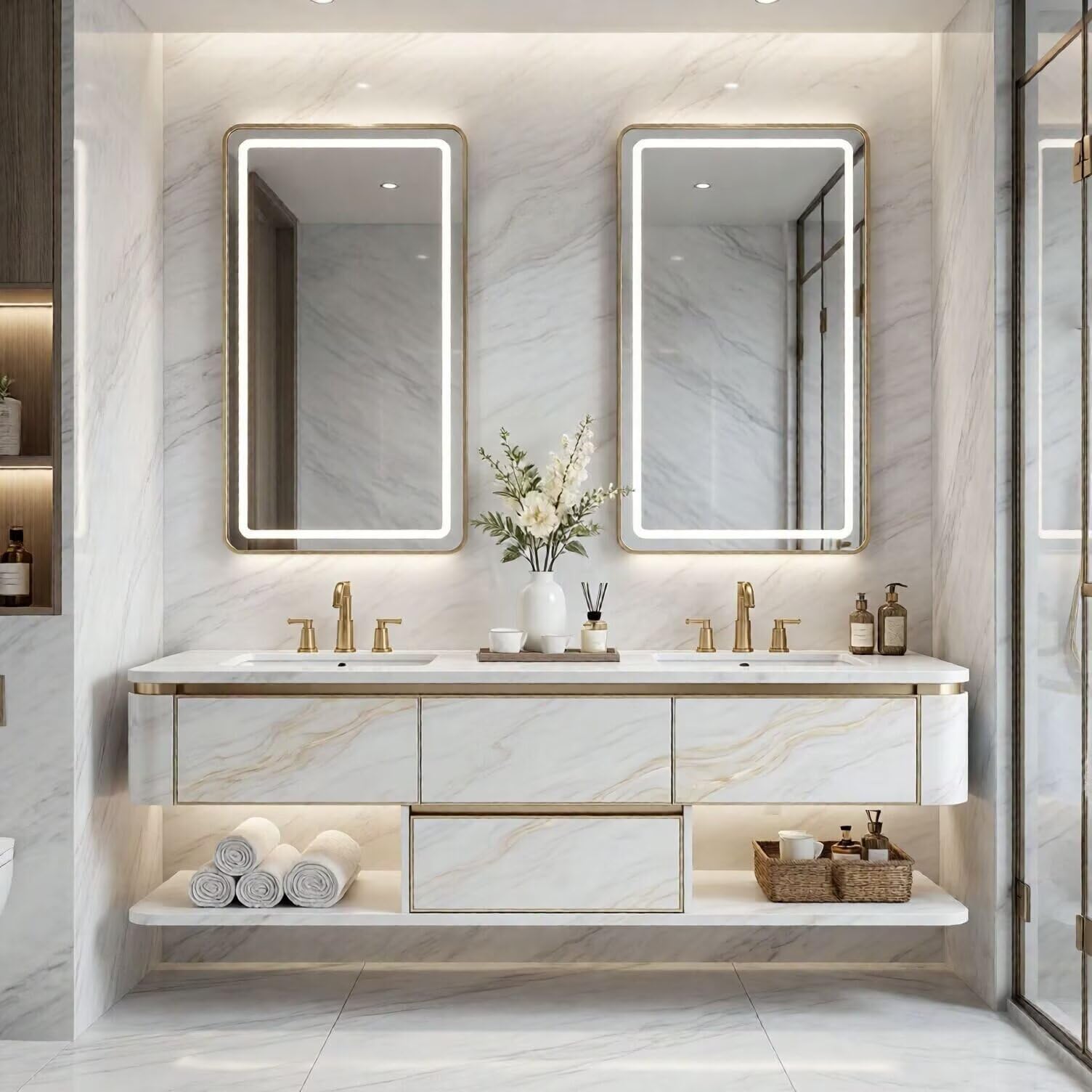 60”-84”Double Sink Bathroom Vanity with LED Lighted Mirrors, Marble Countertop & Gold Trim