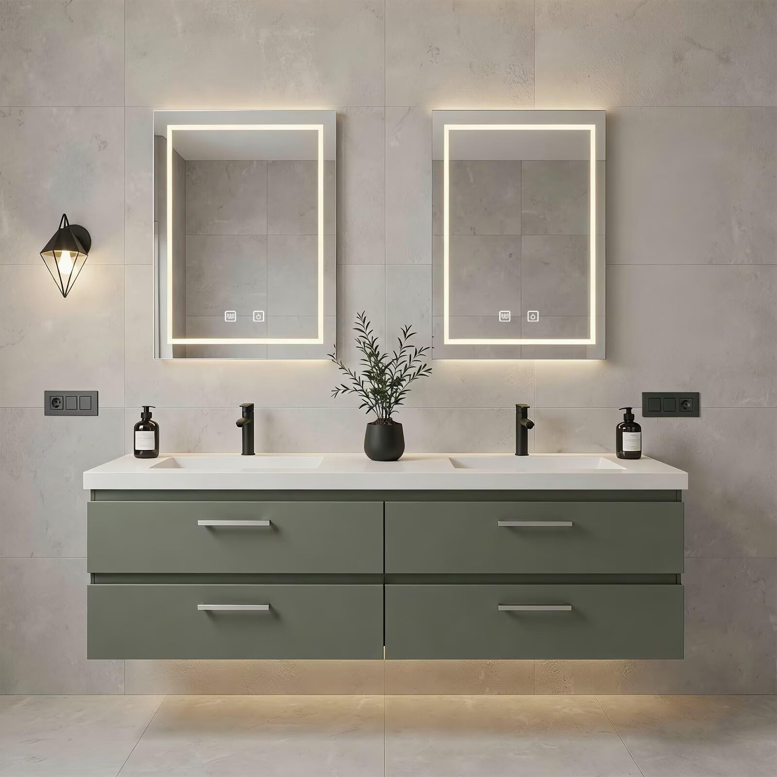 60”-84”Double Sink Floating Bathroom Vanity with LED Mirrors, Sage Green Cabinet & Silver Hardware